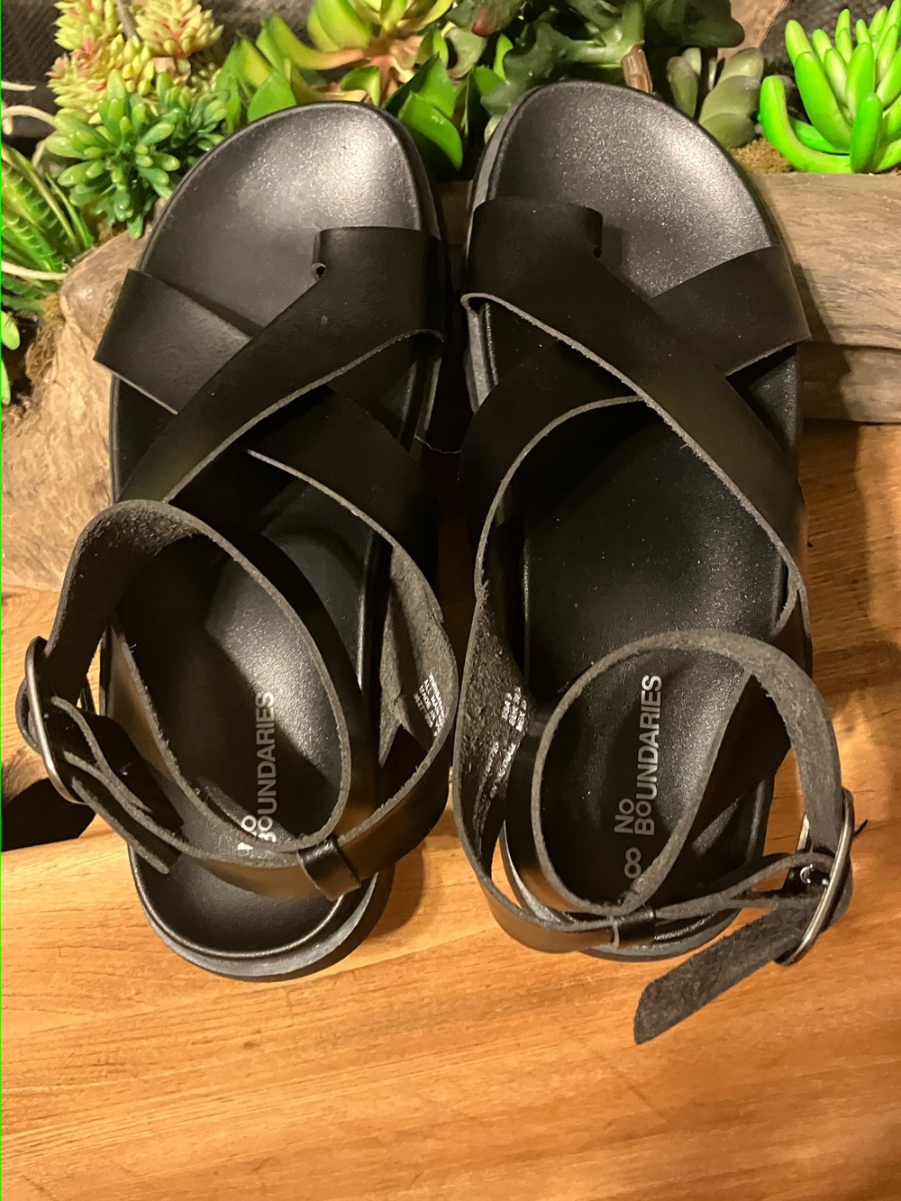 No Boundaries Black Cross-Strap Ankle Buckle Sandals
